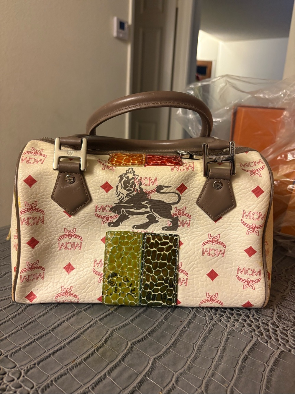 MCM White Satchel with Handles and Multicolor Accent preloved